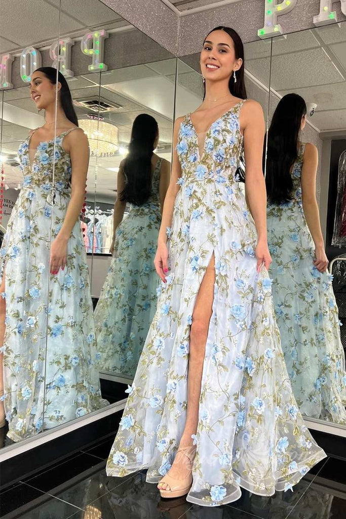 a line v neck light blue 3d floral lace long prom dress with slit