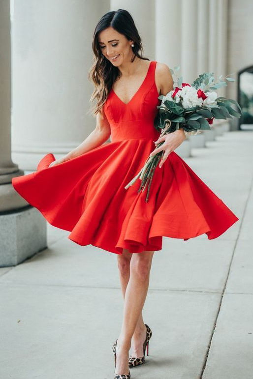 A-line V-neckline Red Homecoming Dress, Simple Short Prom Dress GM469
