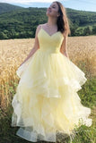 A-line V Neck Fluffy Yellow Long Prom Dresses, Layered Formal Evening Dresses GP441