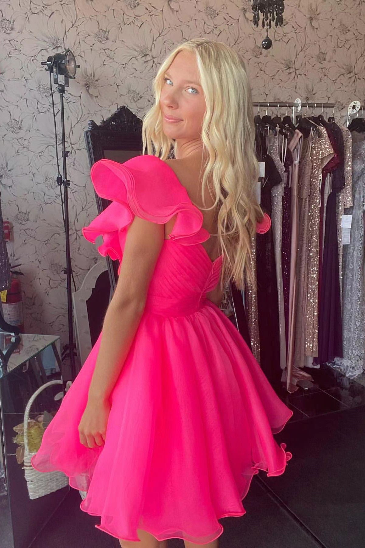 A-line V neck Hot Pink Homecoming Dress Flouncing Short Prom Dress GM597