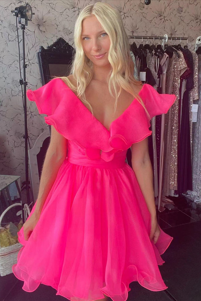 a line v neck hot pink homecoming dress flouncing short prom dress