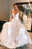 A-line V neck White Wedding Dress, Tulle Backless Simple Bridal Gowns PW452
