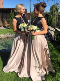 a line bateau black sequins satin long bridesmaid dresses