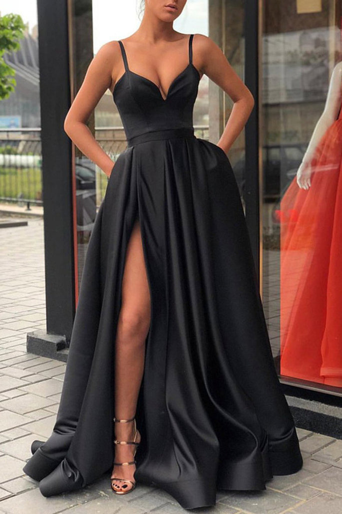 simple black prom dress a line long formal dress with pockets