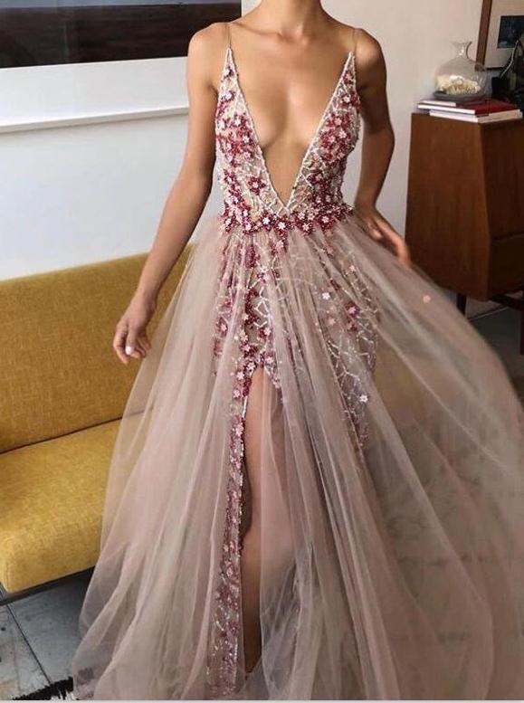 plunging neckline tulle beading appliques slit sleeveless prom dress