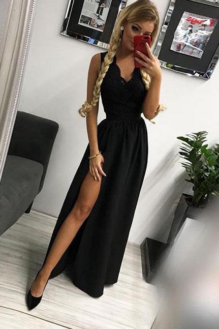 a line princess v neck floor length black prom dress with slit