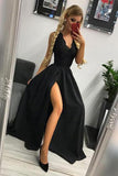 A-line/Princess V-neck Floor Length Black Prom Dress With Slit MP331