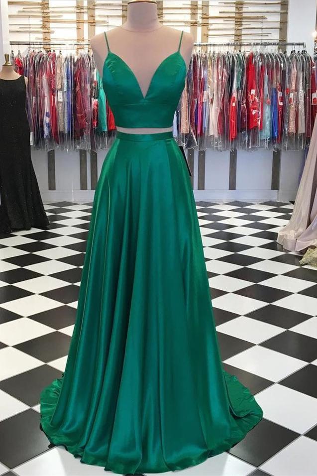 a line spaghetti straps green prom dress two piece with bowknot back gown