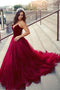 A-line Sweetheart Burgundy Tulle Long Prom Dress with Ruched MP1112