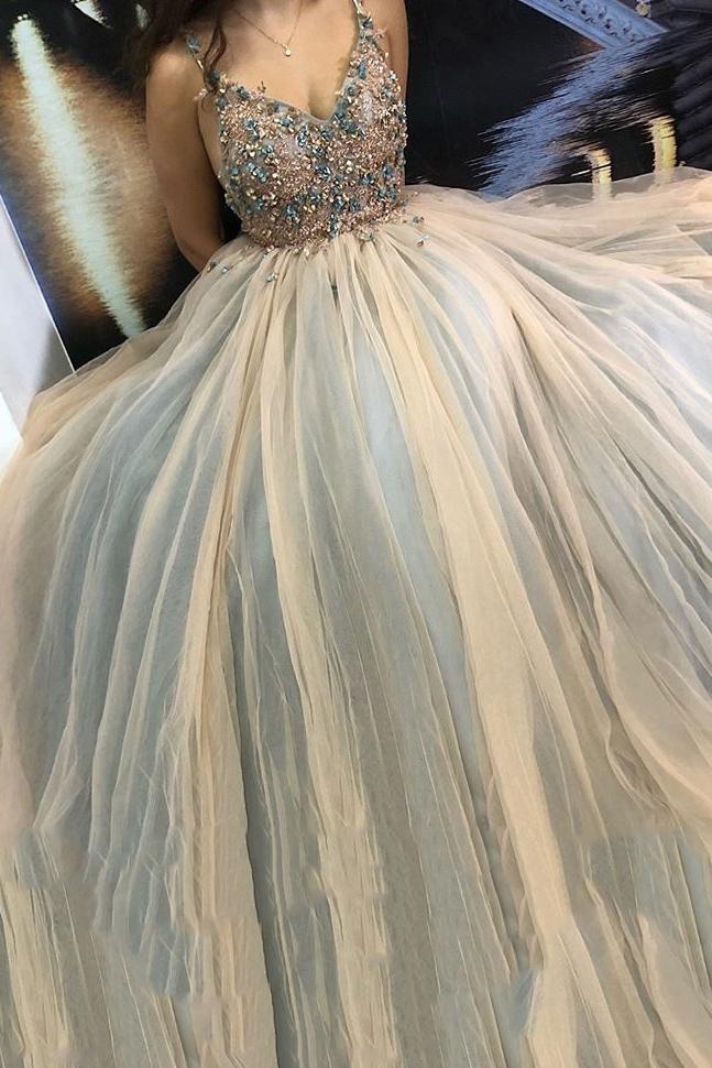 a line tulle appliques spaghetti straps long prom party dresses