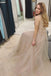a line tulle scoop neck long prom dress with beading appliqued