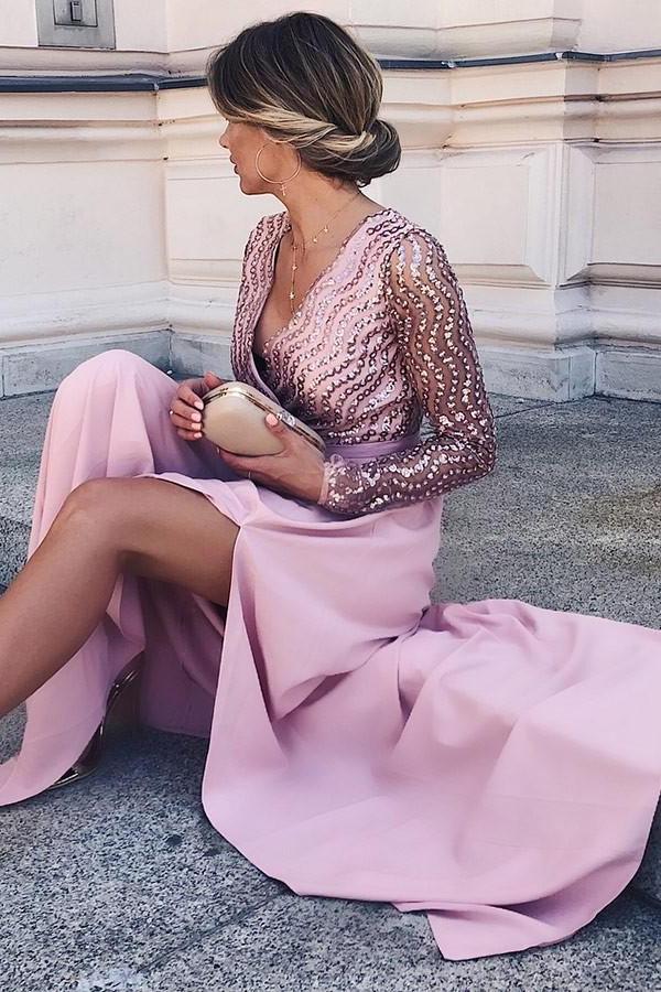 a line v neck long sleeves satin pink long prom dress with split mp931