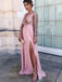 a line v neck long sleeves satin pink long prom dress with split