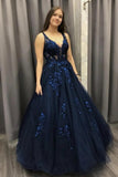 Ball Gown V Neck Dark Blue Lace Long Prom Dress, Lace Applique Tulle Formal Dress MP1206