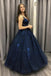 ball gown v neck dark blue long prom dress lace applique tulle formal dress