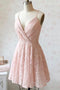 Spaghetti Straps V Neck Lace Short Prom Dress, Blush Homecoming Evening Dress GM320