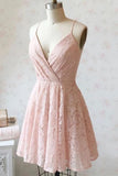 spaghetti straps v neck lace short prom dress blush homecoming evening dress