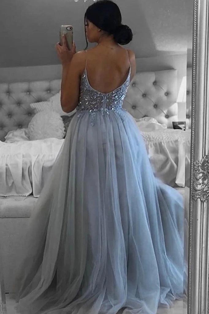 a line v neck beaded grey long prom dress grey evening dress with slit