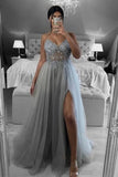 a line v neck beaded grey long prom dress grey evening dress with slit