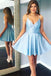 simple short light blue homecoming dress a line satin short graduation dress