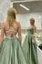 A Line Backless Green Satin Long Prom Dress, Pockets Evening Gown With Beading GP185