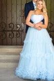 A Line Light Blue Floral Long Prom Dresses with Belt, Light Blue Floral Formal Graduation Evening Dresses EP1646