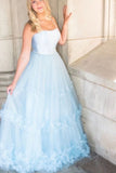 elegant a line light blue long prom dresses ruffles tulle formal evening dresses