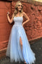 A Line Spaghetti Straps Light Blue Lace Tulle Long Prom Dress with Slit, GP152