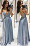 Sparkly Prom Dresses A Line V Neck Backless Blue Evening Dresses GP136