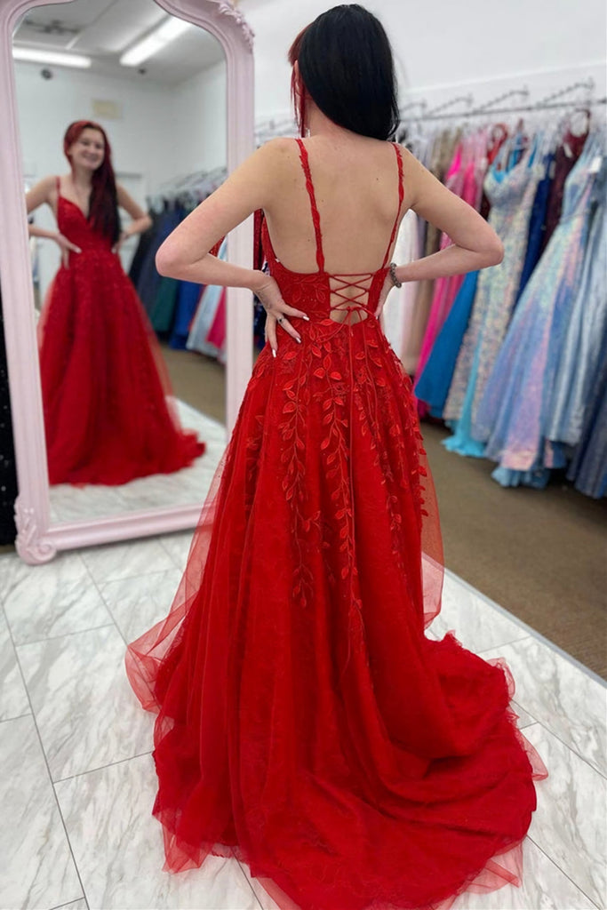red tulle v neck backless lace a line prom dresses long formal dresses