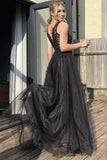 a line v neck black tulle prom dress long formal evening dresses