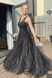 a line v neck black tulle prom dress long formal evening dresses