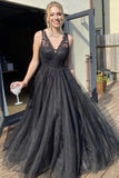 a line v neck black tulle prom dress long formal evening dresses