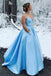 a line v neck sky blue satin long prom dresses with beading pocket