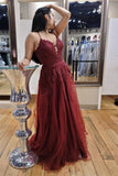 A Line V Neck Burgundy Lace Long Prom Dress, Long Burgundy Lace Formal Evening Dress