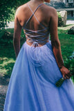 A Line V Neck Lavender Backless Prom Dress, Glitter Formal Evening Dresses GP216