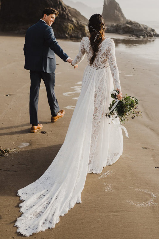 long sleeves lace beach wedding dress a line v neck plus size bridal gown