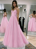 a line pink long prom dresses backless v neck evening dresses