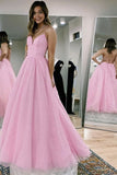 a line pink long prom dresses backless v neck evening dresses