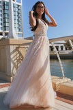 a line v neck tulle long prom dress v back with floral appliques