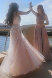 a line v neck tulle long prom dress v back with floral appliques