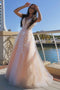 A Line V Neck Tulle Long Prom Dress V Back with Floral Appliques, GP154