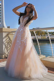 a line v neck tulle long prom dress v back with floral appliques