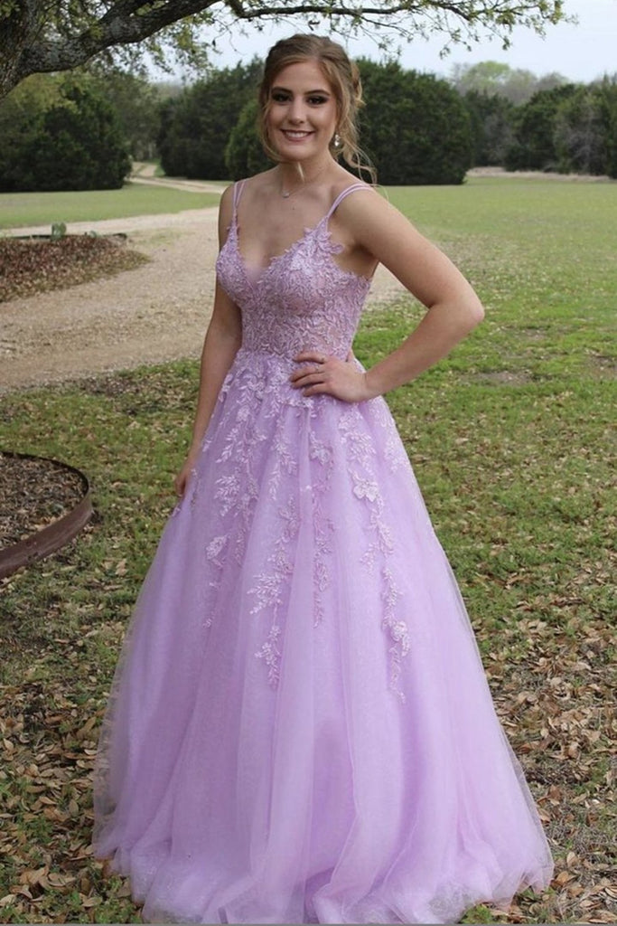 a line lilac tulle long prom dress elegant v neck graduation dress