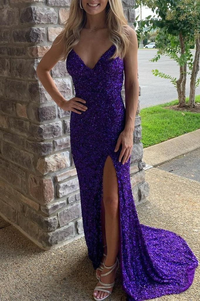 mermaid purple sequins sleeveless prom dress slit long evening gown
