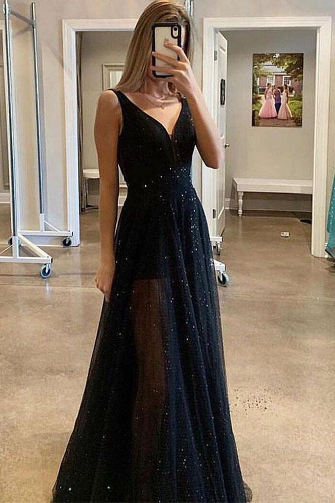 sparkly sequins black long prom dresses a line v neck evening gown