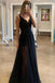sparkly sequins black long prom dresses a line v neck evening gown