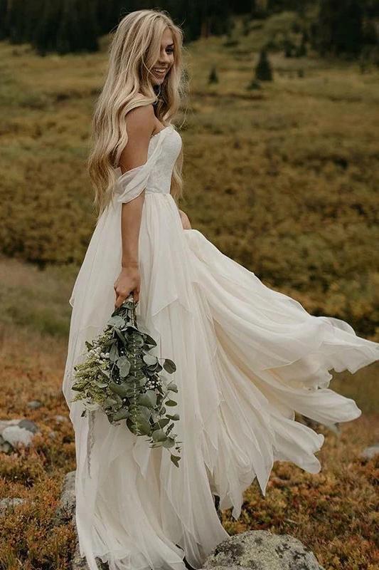 a line chiffon ivory off the shoulder sweetheart beach wedding dresses pst10196