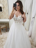 A Line Appliques Bodice Long Prom Dress, Spaghetti Strap Beach Bridal Gowns GP59