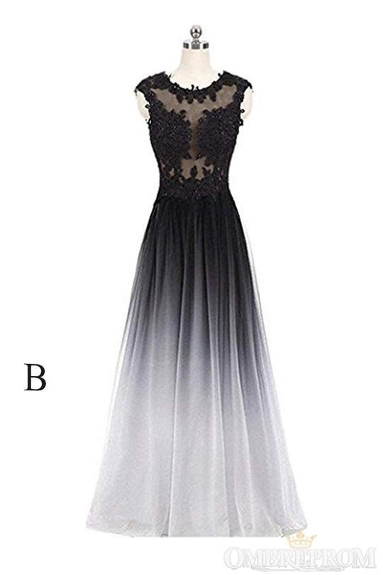 Round Neck Lace Applique Top Chiffon Black & Red Ombre Prom Formal Dresses MP216